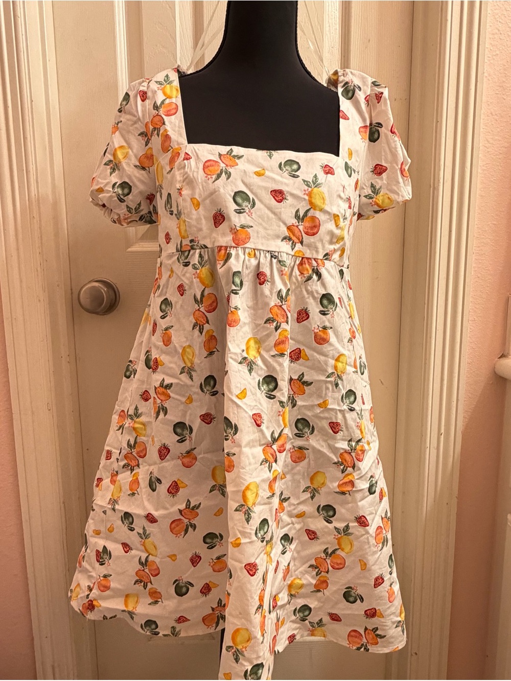 wild fable White Fruit-Print Sundress with Puff Sleeves